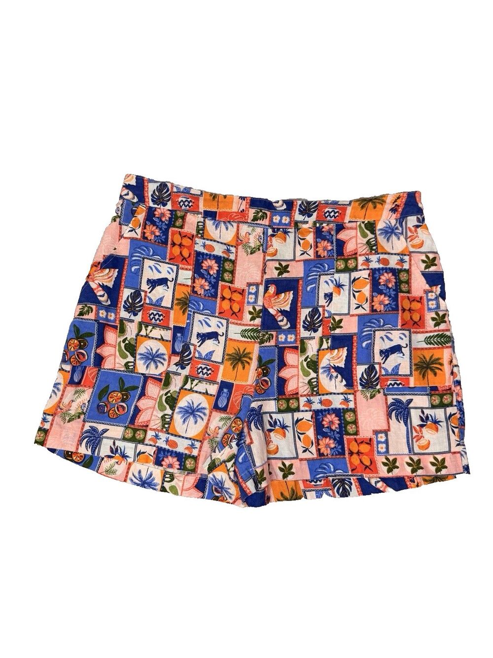 C&C California 100% Linen Shorts XL Tropical Patchwork Print Pull On Pockets